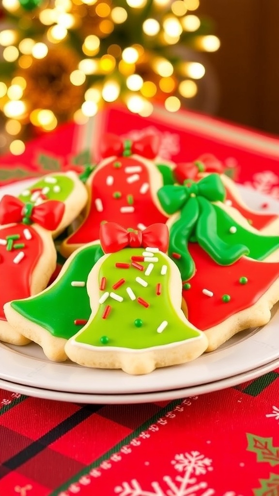 A festive plate of jingle bells shaped Christmas cookies decorated with icing and sprinkles on a holiday table.